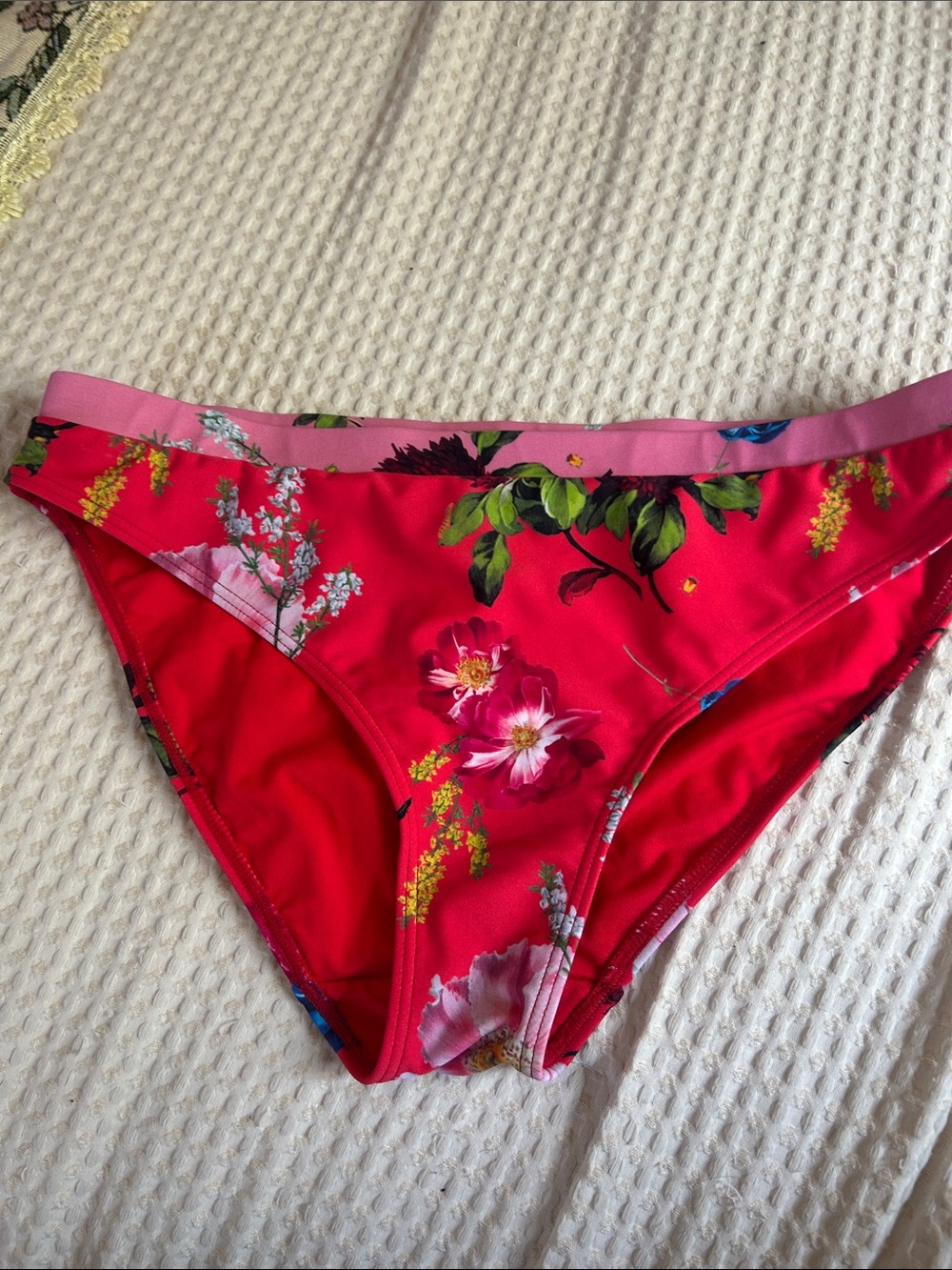 Ted Baker London Red Floral Bikini Bottoms with Pink Waistband